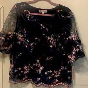 Sweet embroidered floral blouse over very dark (almost black) lining